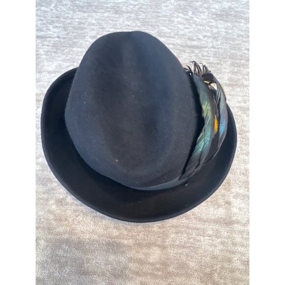 Vintage Lancaster Black Fedora Hat With Feather Accent & Ribbon Trim XS - Picture 5 of 8